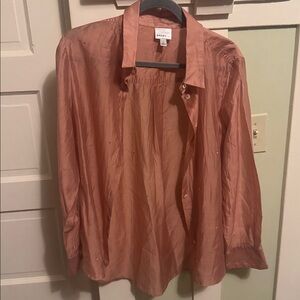 Bailey 44 Womens Top Button Front Blouse Semi Sheer Rhinestone Accent Sz L Pink